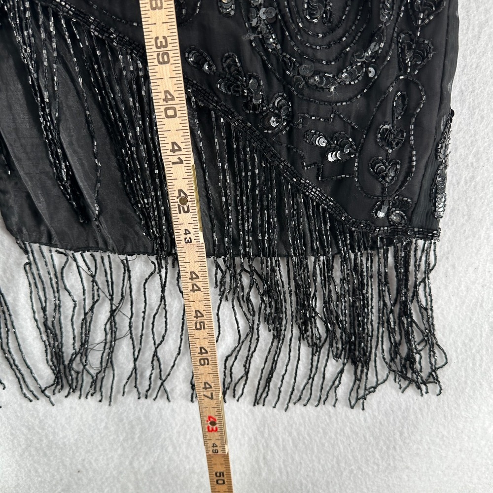 Silk Evening Dress Fully Beaded Tassle Short Sleeve Flapper Womens Large Black - Picture 6 of 8